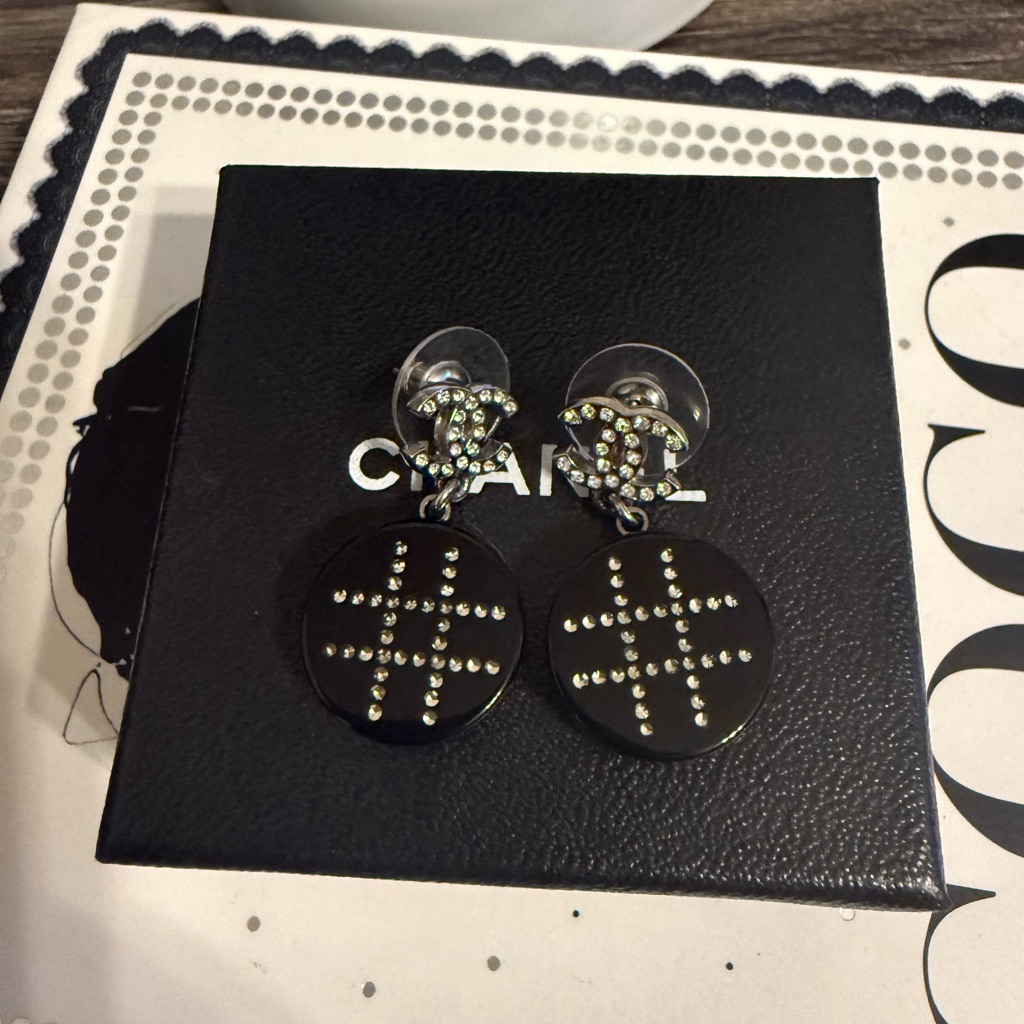 Chanel Statement Black Silver Crystal Hashtag Cc Dangle Earrings